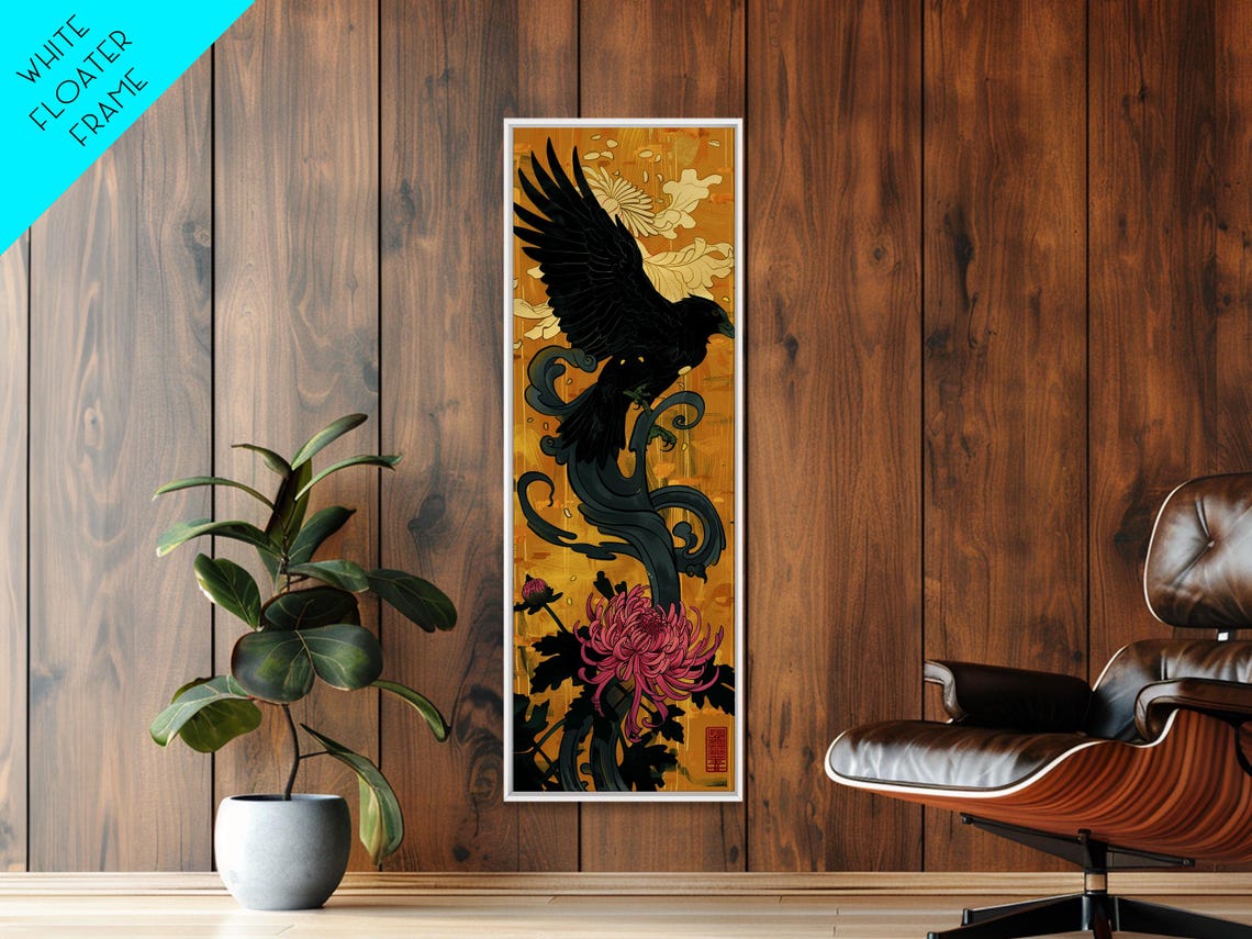 Japanese Black Eagle Soaring Over Pink Chrysanthemums Gold Poster - Image 6