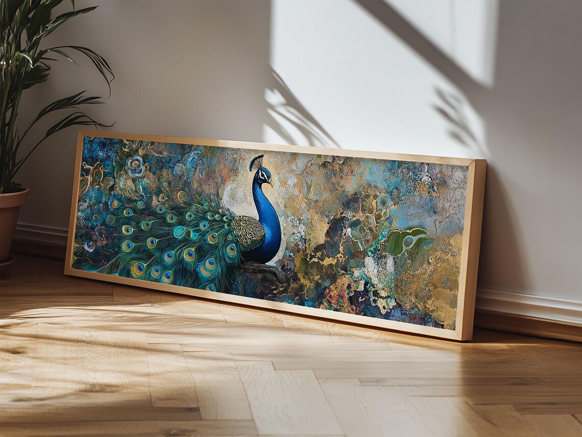 Regal Peacock Mosaic Gold Panoramic Vintage Style Bird Wall Art Poster