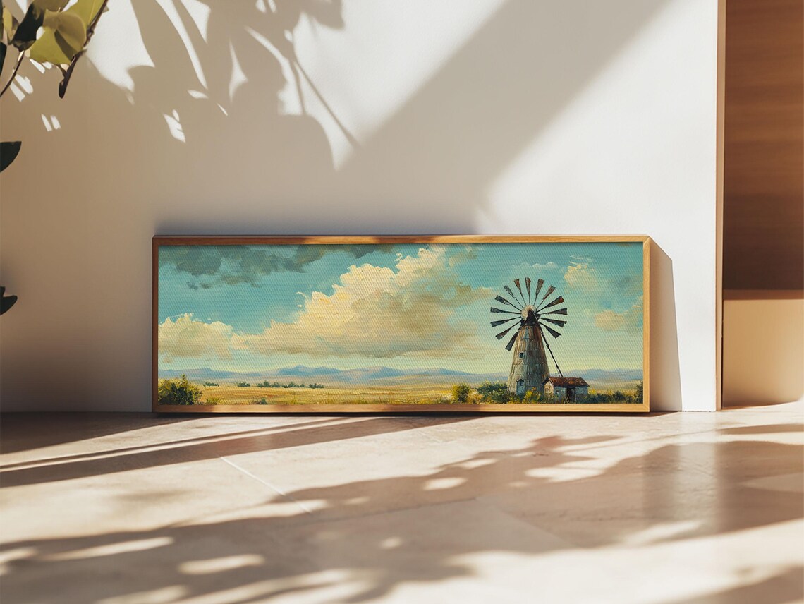 Scenic Windmill Landscape Framed Print Rustic Cottagecore Farmhouse Art Moody Southwest Decor Above Couch Wall Art Gift Idea - Image 3