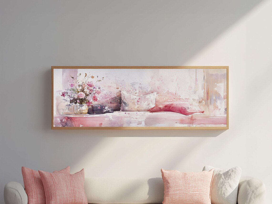 Pink Watercolor Sofa Floral Cushions Vase Horizontal Wall Art Poster - Image 2
