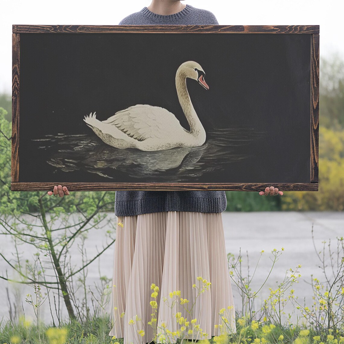 White Swan Swimming Dark Water Minimalist Vintage Bird Wall Art Poster - Image 2