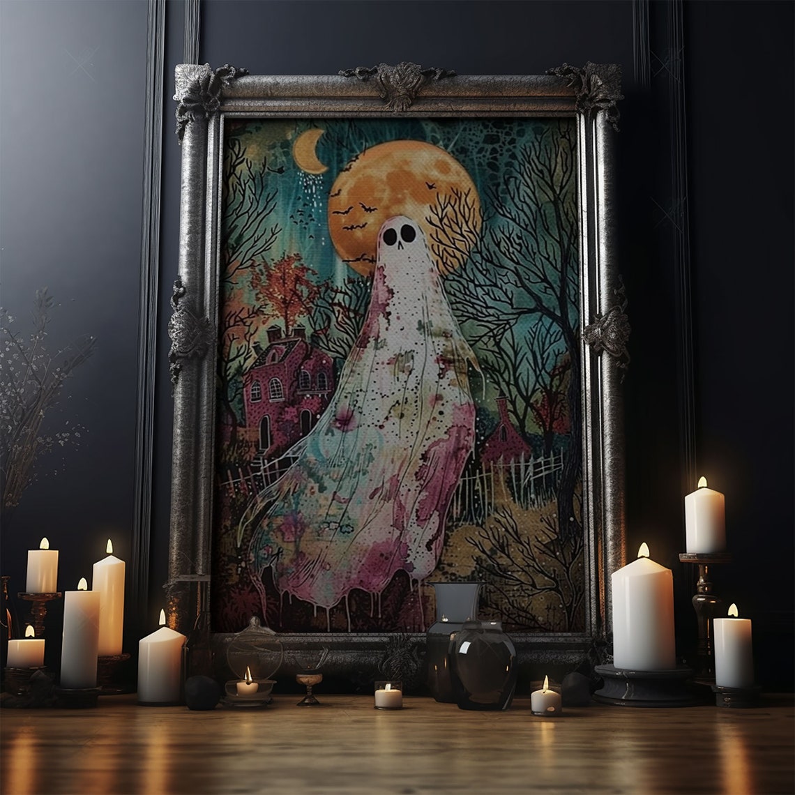 Ghost Under Full Moon Haunted Forest Houses Halloween Art Poster - Image 4