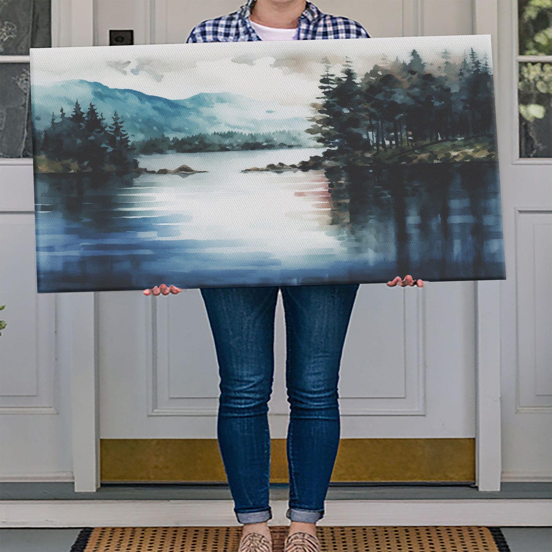 Subdued Lake Watercolor Pine Islands Misty Mountains Serene Wall Print - Image 4