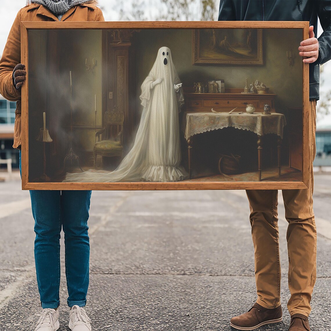 Friendly Sheet Ghost Haunting Victorian Parlour Oil Painting Print - Image 3