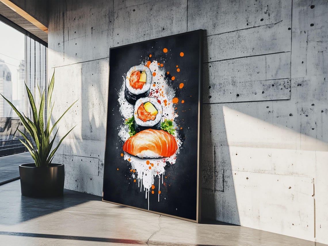 Salmon Sushi Rolls On Black Background Splash Art Kitchen Poster - Image 4