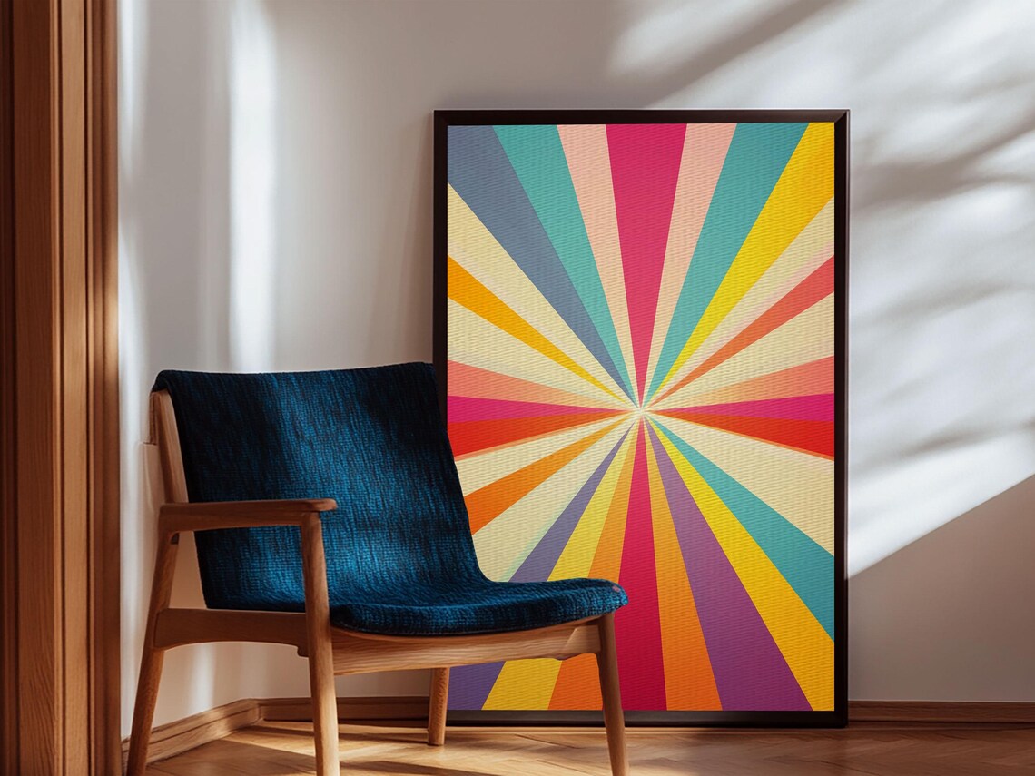 Colorful Sunburst Rays Teal Yellow Pink Vertical Retro Geometric Art Print - Image 3