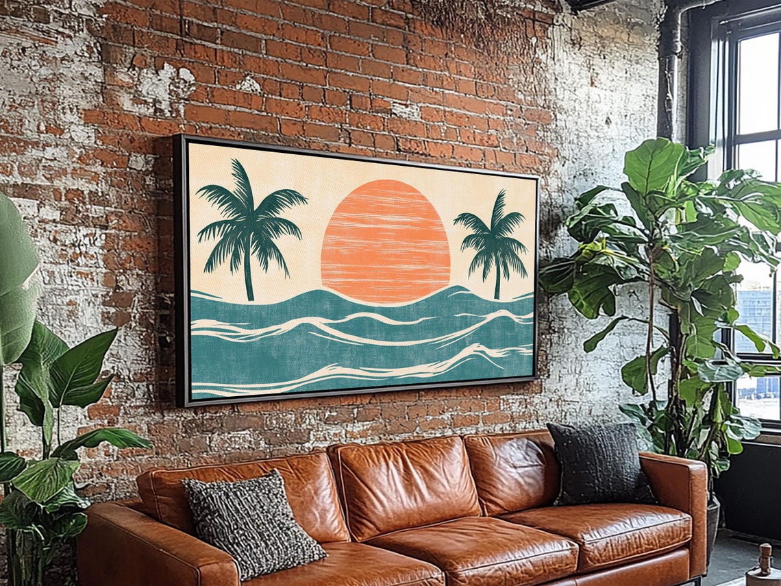 Japanese Wood Block Print Style Sunset And Palm Trees Framed Print Boho Style Minimalist Home Decor - Image 6