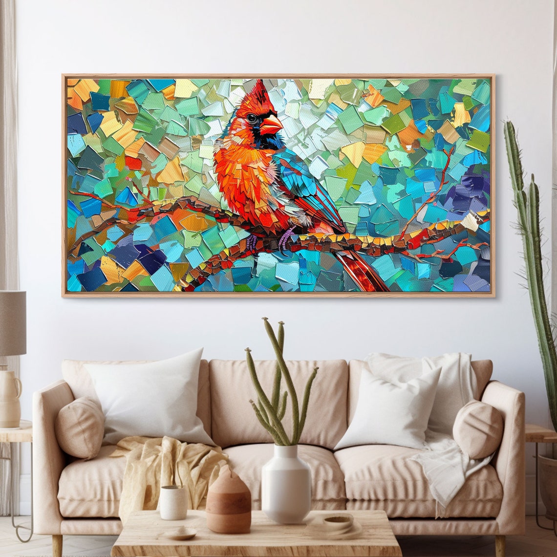 Mosaic Cardinal Red Bird Colorful Tile Background Impressionist Poster - Image 3