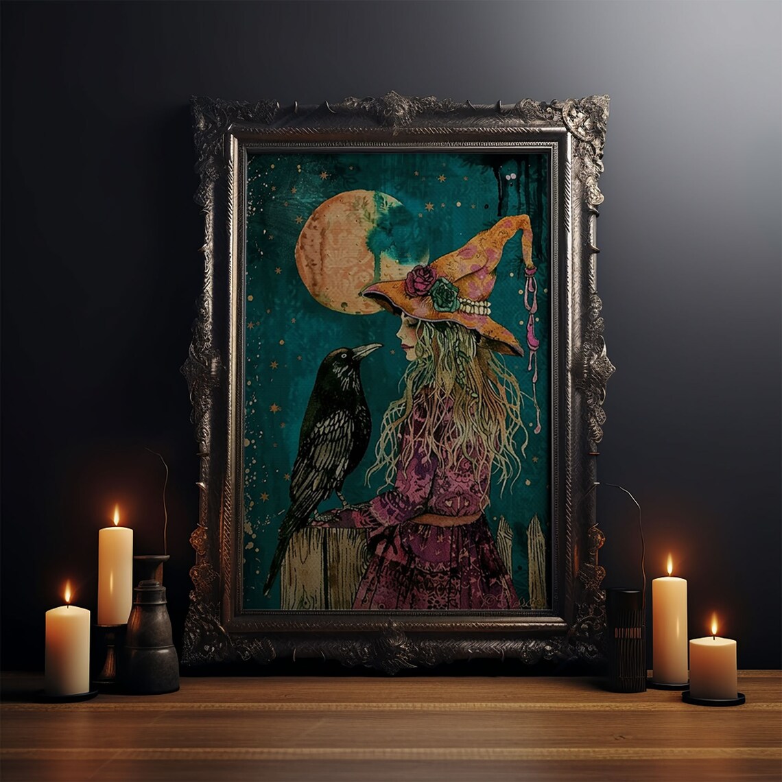 Witch With Crow Under Full Moon Teal Starry Night Magic Illustration Poster - Image 4