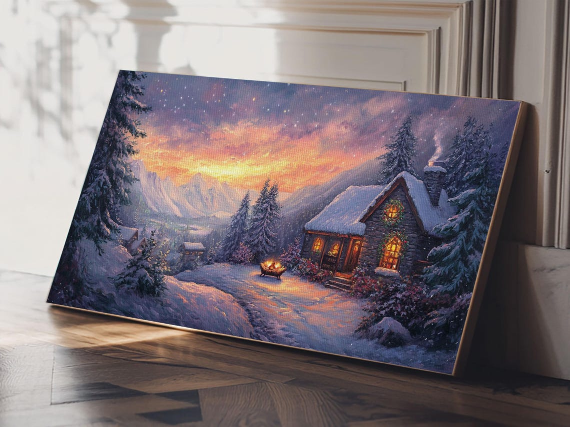Snowy Mountain Cabin At Sunset With Fire Pit Winter Scene Poster - Image 2