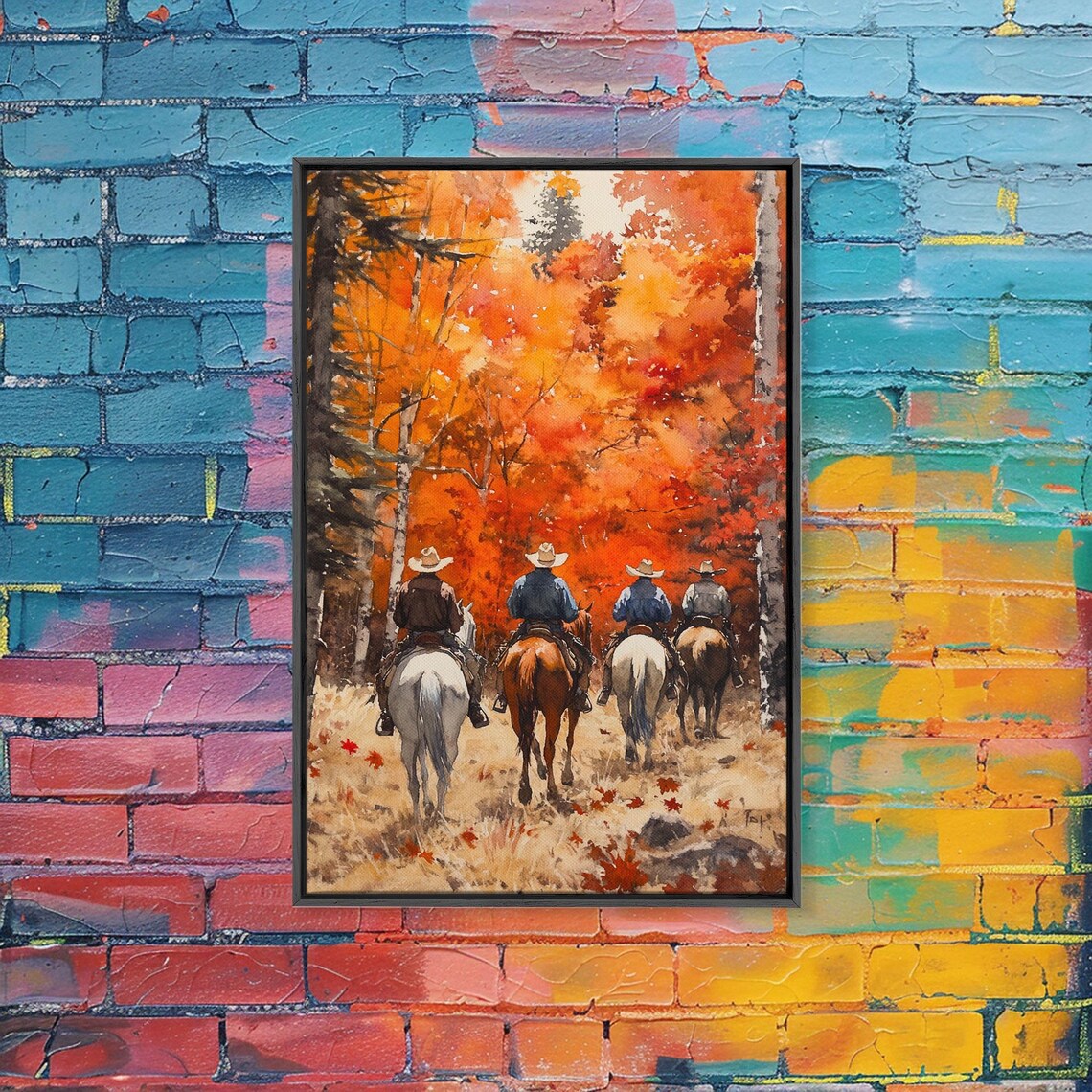 Four Cowboys Riding Horses Through Fiery Autumn Forest Fall Poster - Image 5