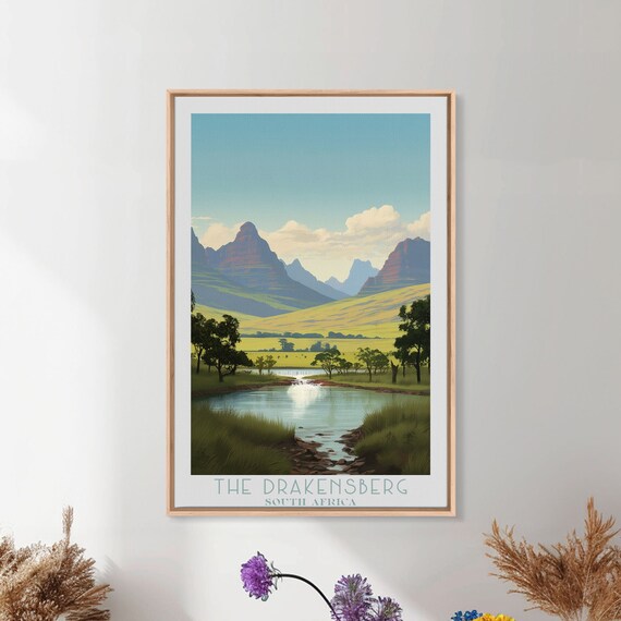 Drakensberg Retro Travel Poster Original Framed Print South Africa Travel Decor Vintage Style Home Decor Travel Print