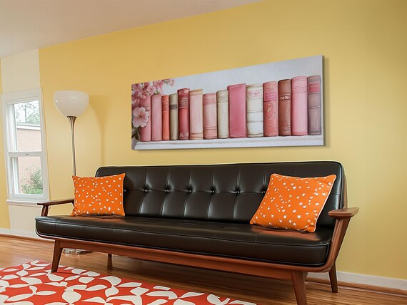 Pink Vintage Bookshelf Watercolor Books Panoramic Library Wall Art Poster