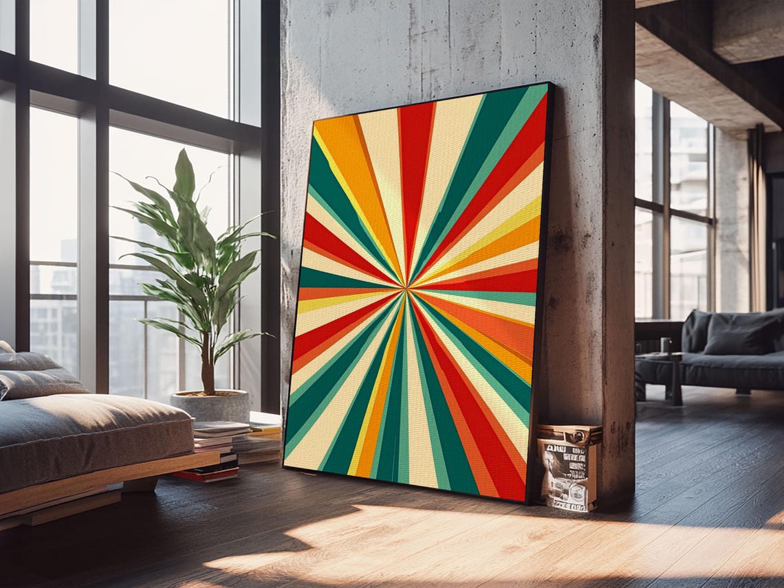 Mid Century Sunburst Rays Red Teal Orange Cream Square Geometric Print - Image 4
