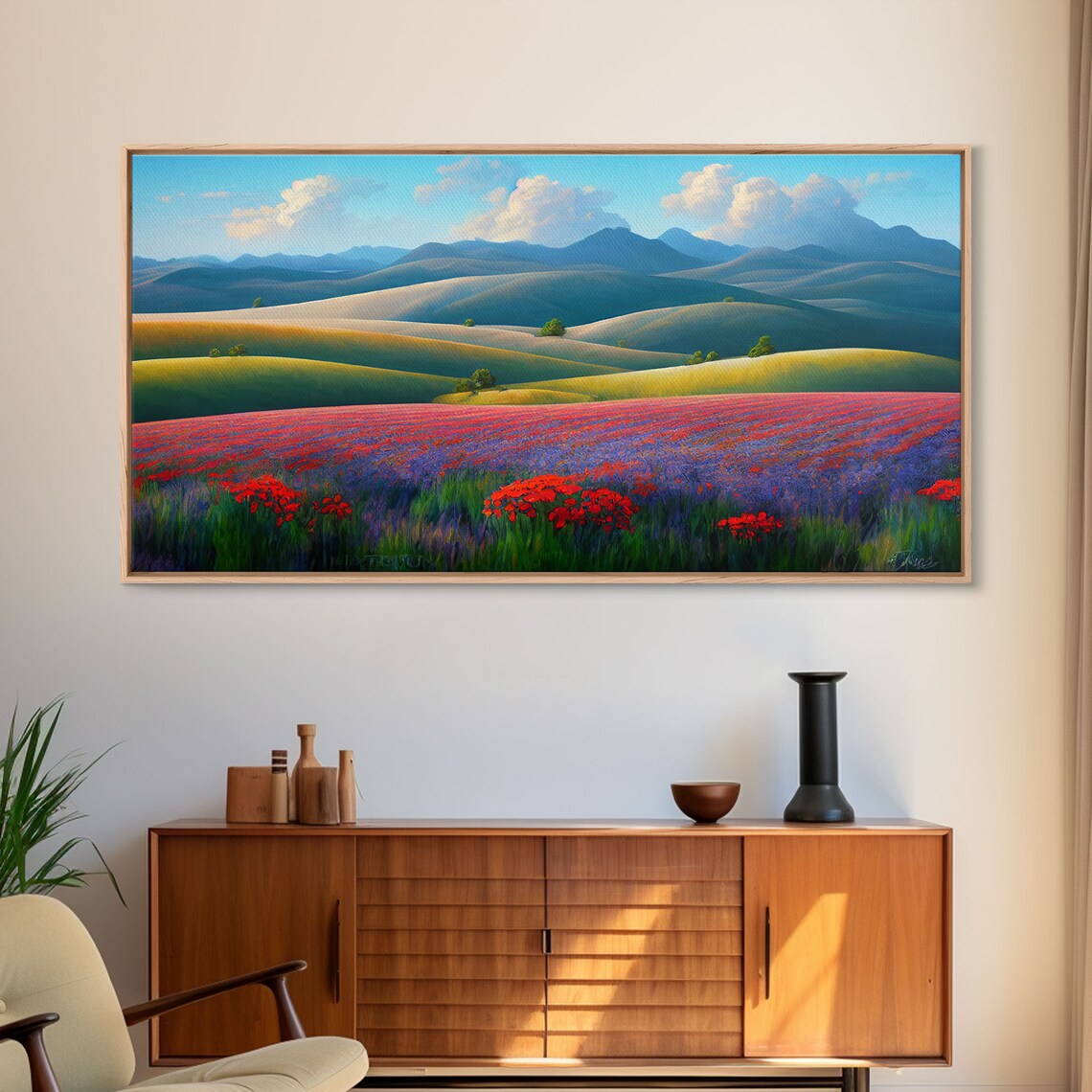 Scenic Red Poppies Purple Lavender Field Rolling Hills Meadow Poster