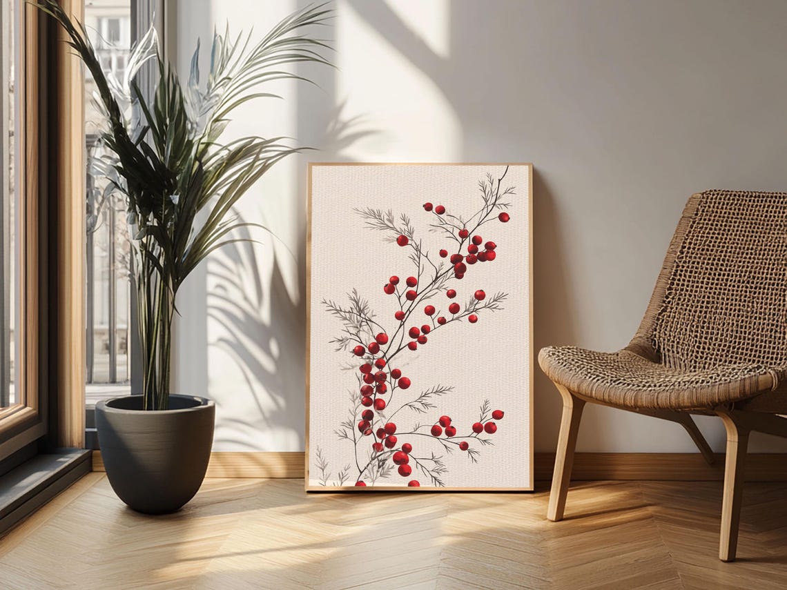 Holly Berries Branch Botanical Minimalist Christmas Wall Art Poster