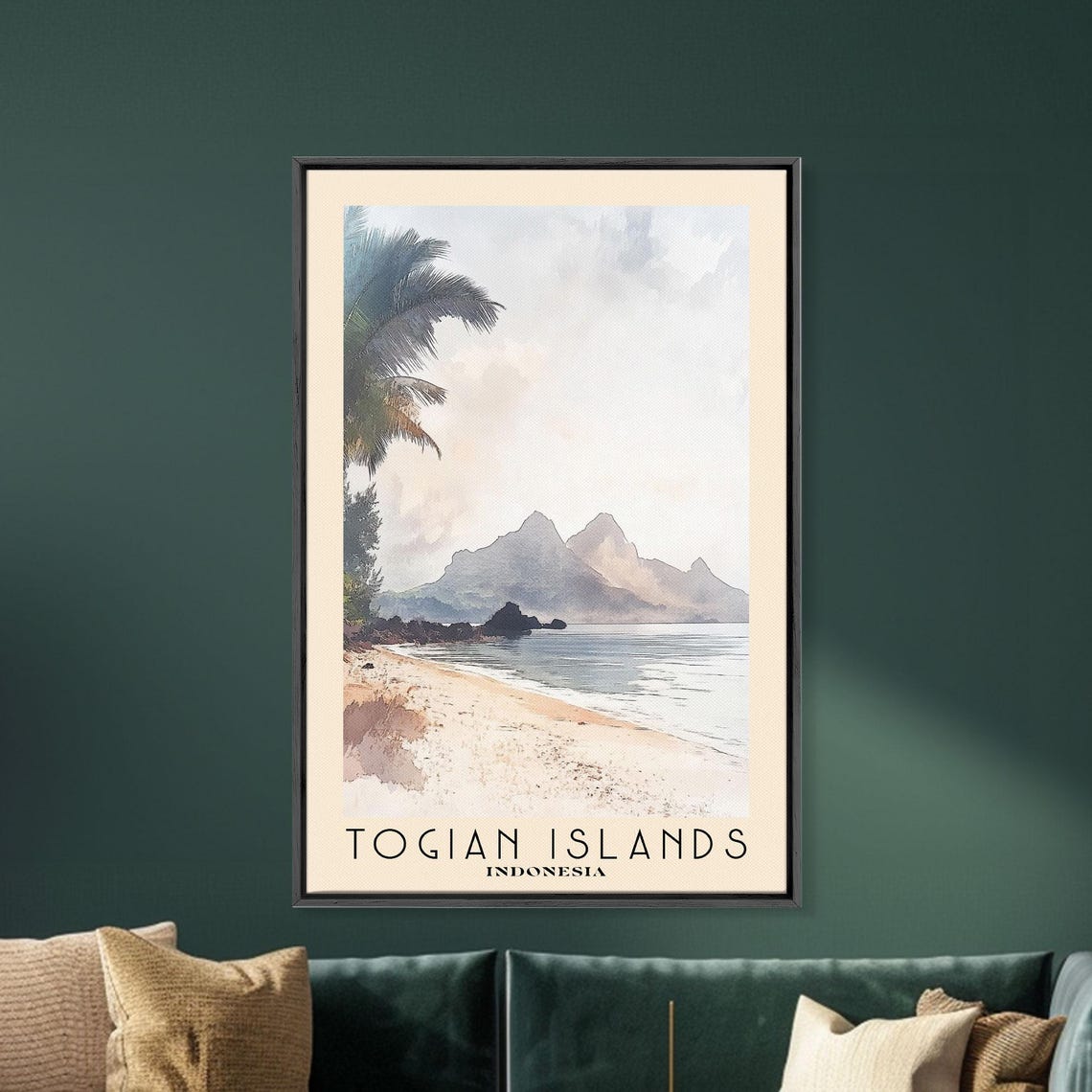 Togian Islands Indonesia Palm Beach Hazy Mountains Watercolor Poster - Image 5
