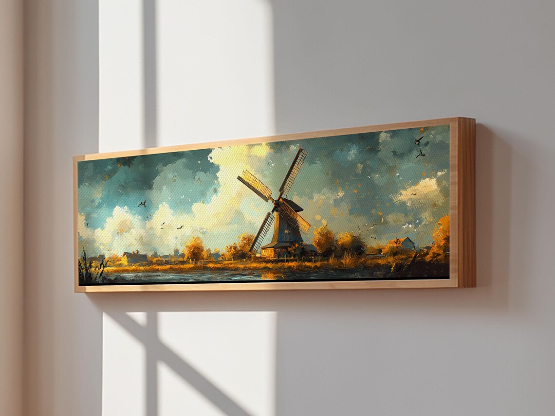 Autumn Windmill Scene Framed Print Rustic Fall Farmhouse Art Moody Living Room Wall Art Horizontal Panoramic Decor Gift Idea - Image 6