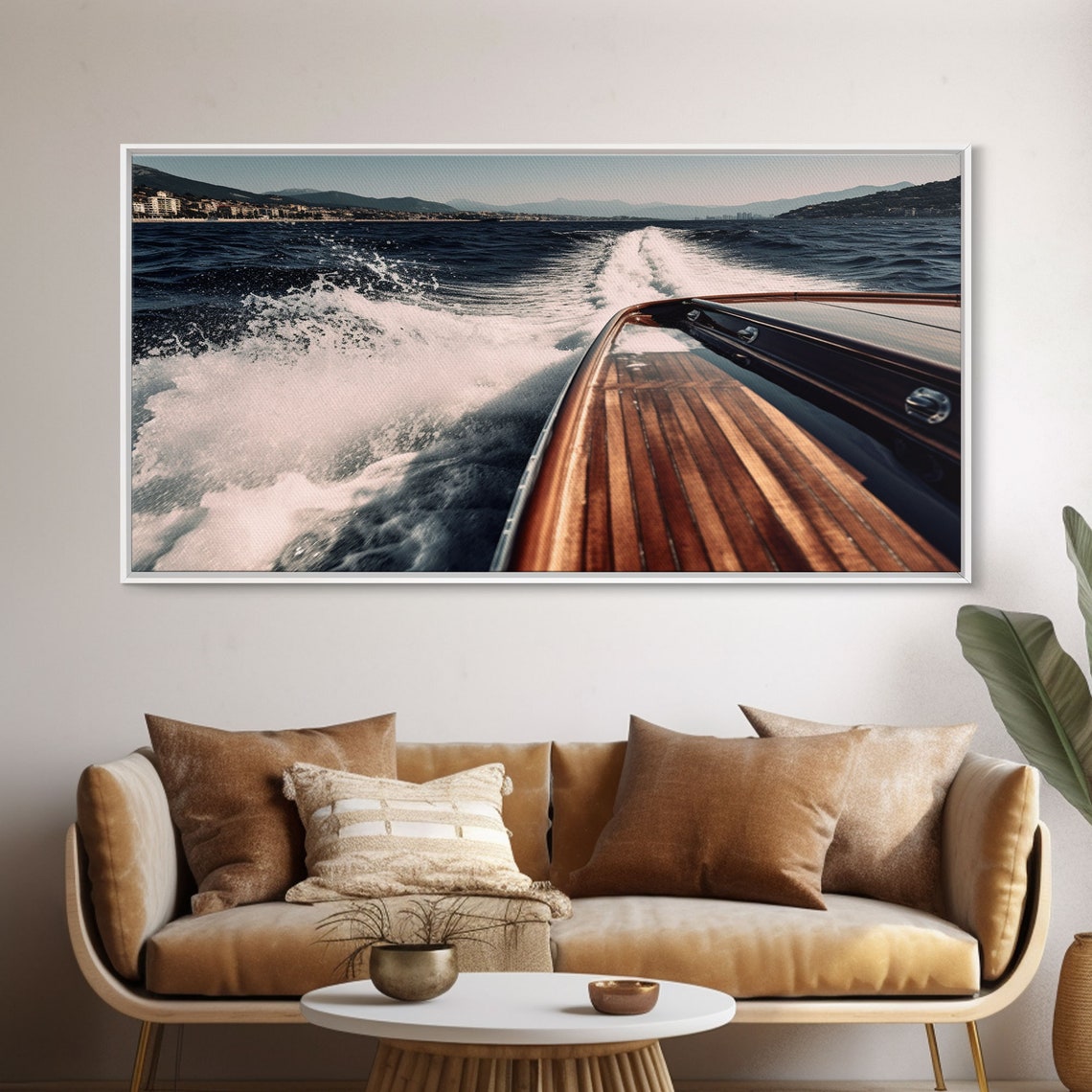 Classic Wooden Speedboat White Wake Open Sea Coastline Poster