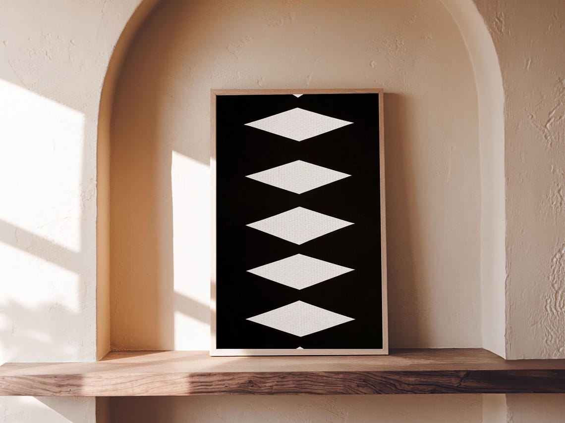 White Diamonds Black Background Southwestern Aztec Geometric Art Print - Image 6