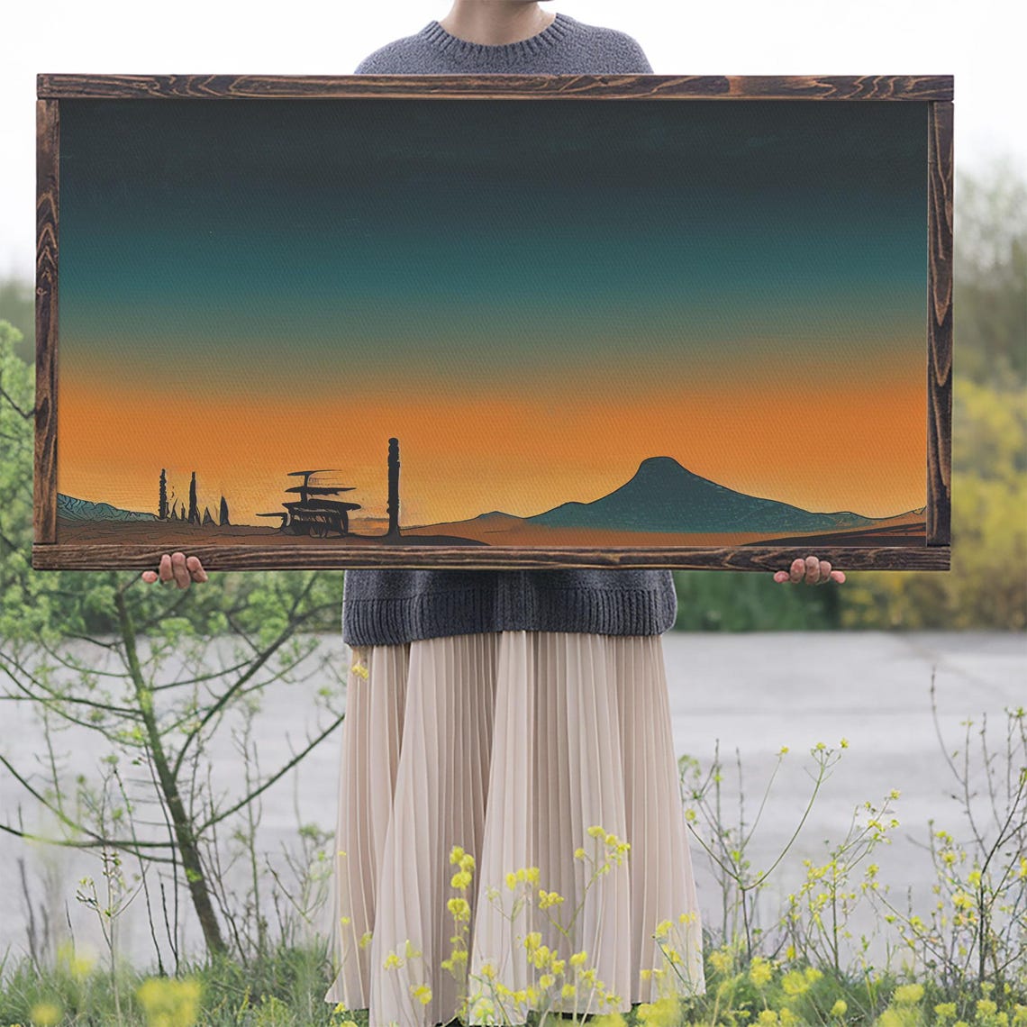 Orange And Teal Minimalist Desert Sunset Silhouette Abstract Poster - Image 2