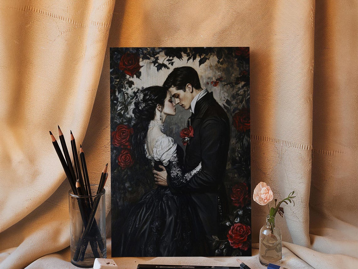 Gothic Romantic Couple Embrace Among Red Roses Dark Wall Art Print - Image 5