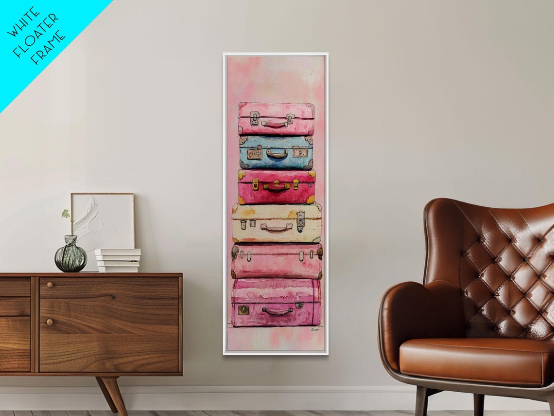 Stacked Suitcase Print Cottagecore Wall Art Whimsical Art Rustic Decor Light Pink Wall Art Vertical Gift Idea Above Sofa Art - Image 3