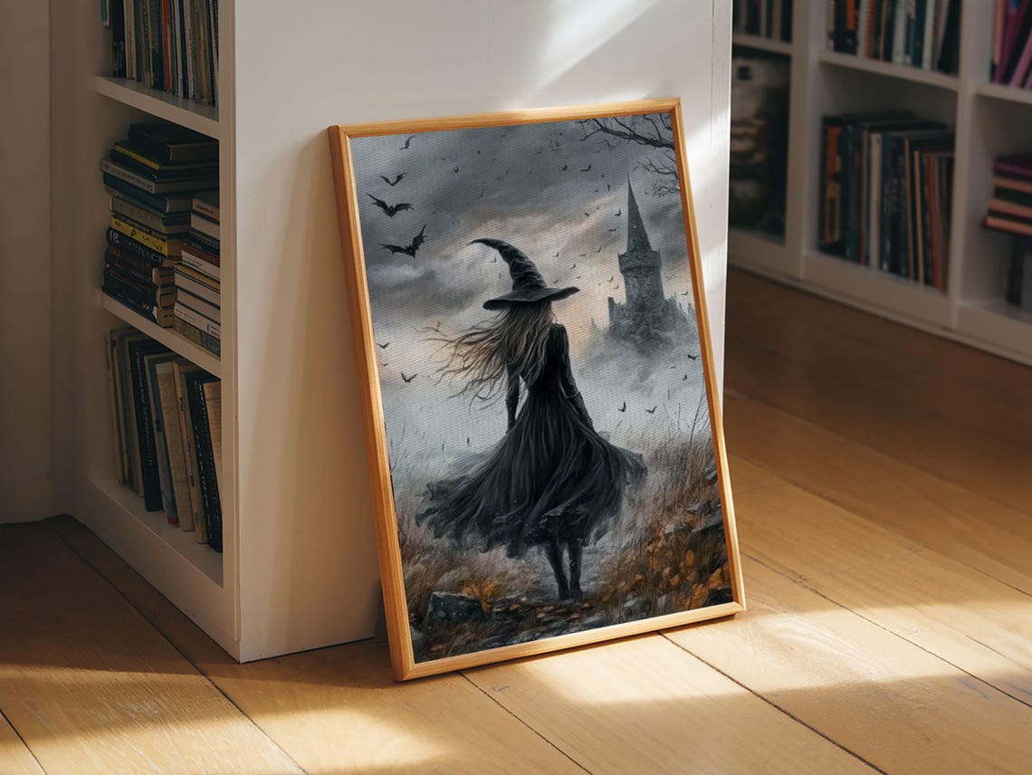Gothic Witch Walking To Misty Castle Bats Dark Academia Art Print - Image 3