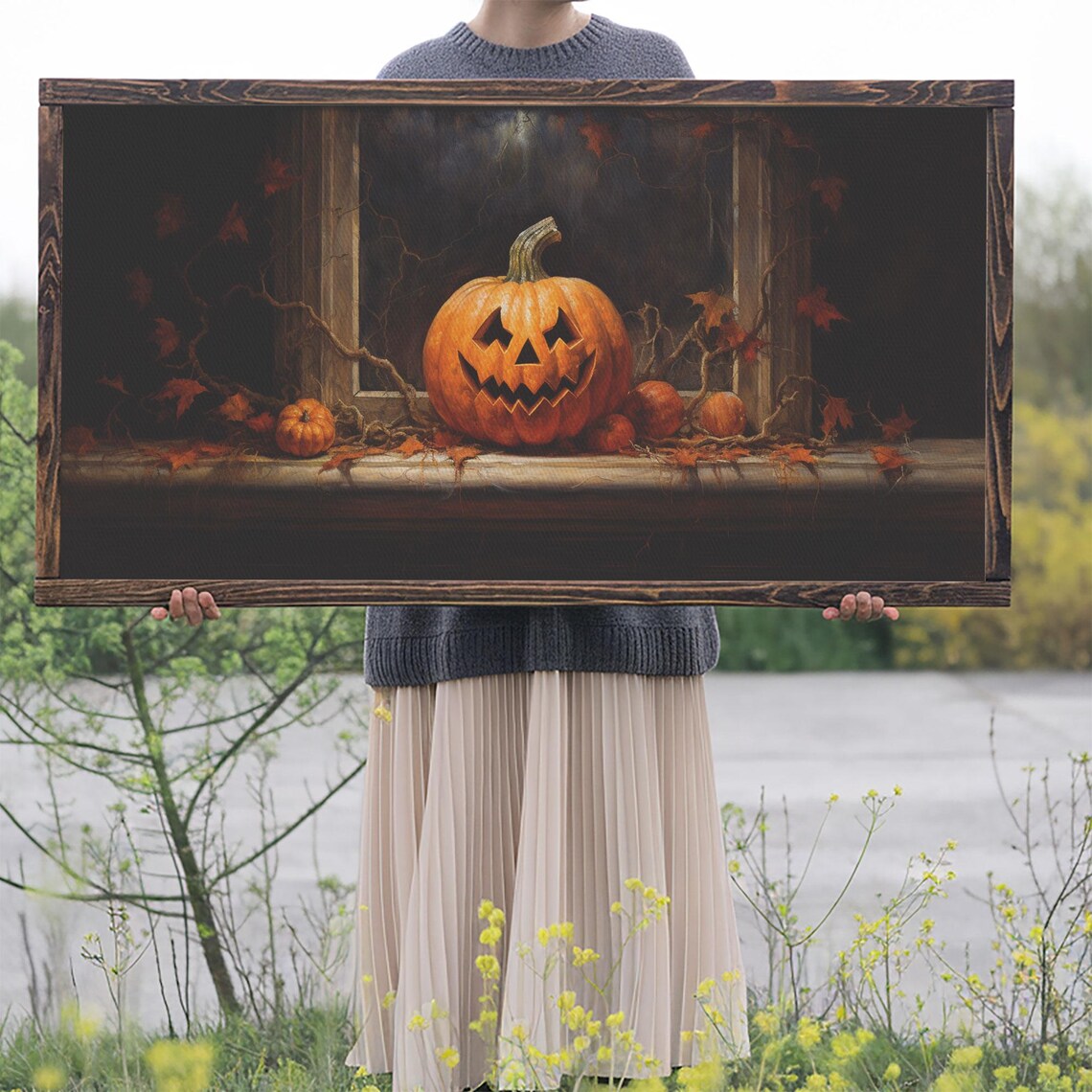 Glowing Jack O Lantern Windowsill Night Vines Spooky Pumpkin Art Poster - Image 2