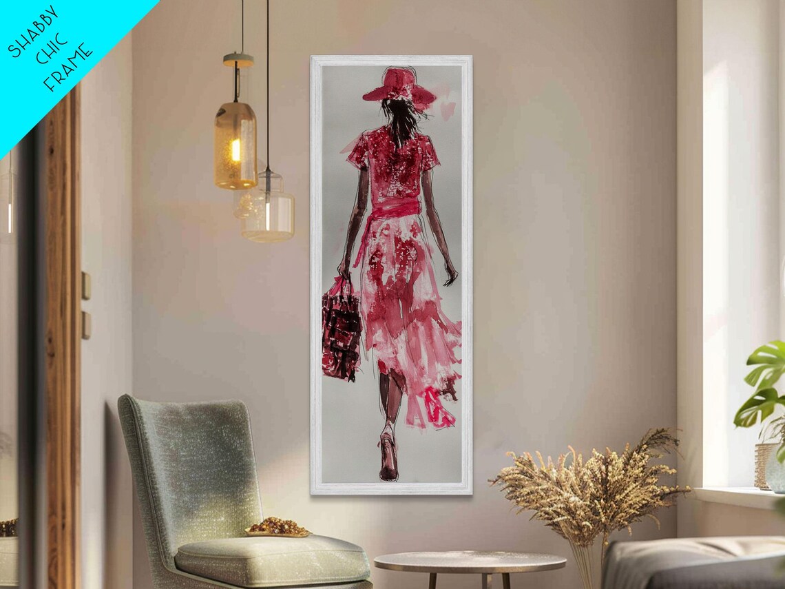 Fashion Illustration Watercolor Red Dress Walking Woman Vertical Art Poster - Image 2
