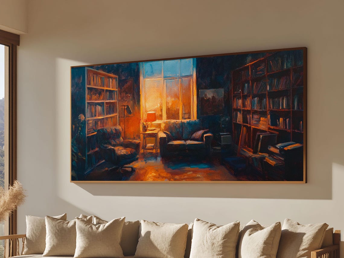 Cozy Library Interior Bookshelves Armchair Warm Light Study Art Poster - Image 6
