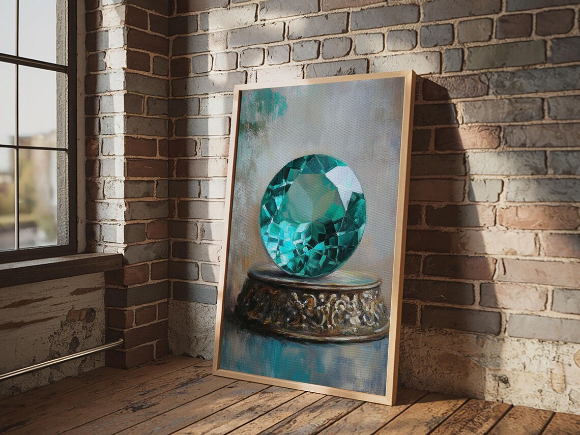 Emerald Green Faceted Gemstone Pedestal Jewel Painting Precious Wall Art - Image 2
