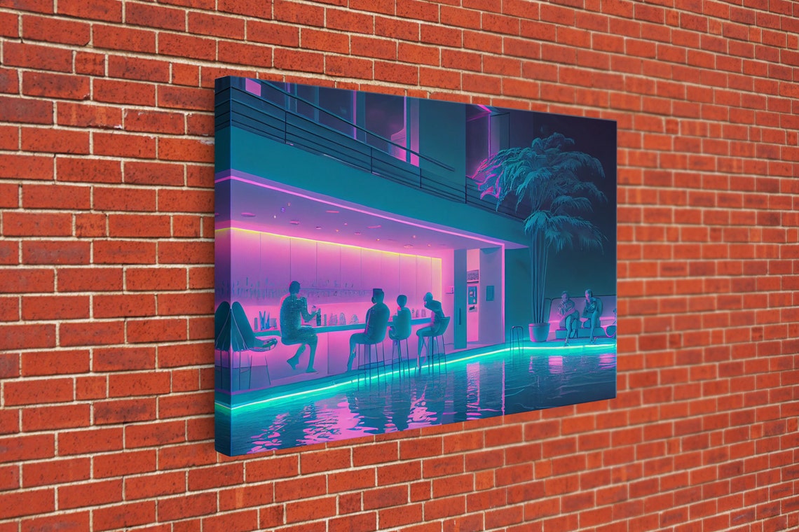 Vaporwave Poolside Lounge Neon Bar Night Palm Trees Retro Poster - Image 3
