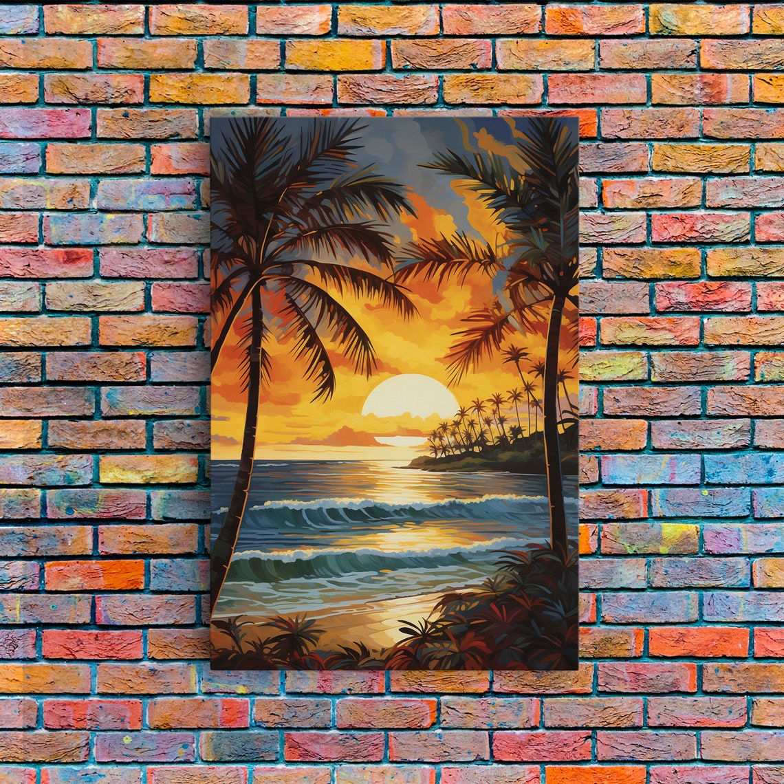 Tropical Beach Sunset Palm Trees Ocean Waves Retro Surf Style Poster - Image 5