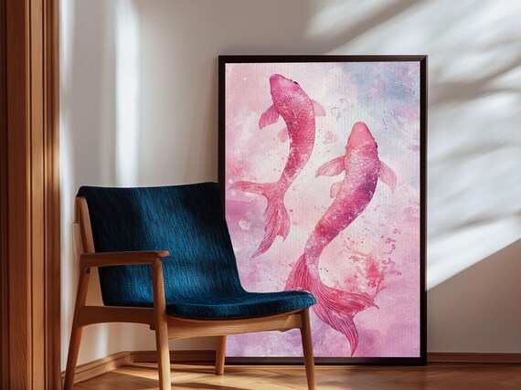 Watercolor Koi Fish Painting In Vibrant Pink Tones Perfect Bedroom Decor Framed Print Whimsical Art Above Bed Wall Art