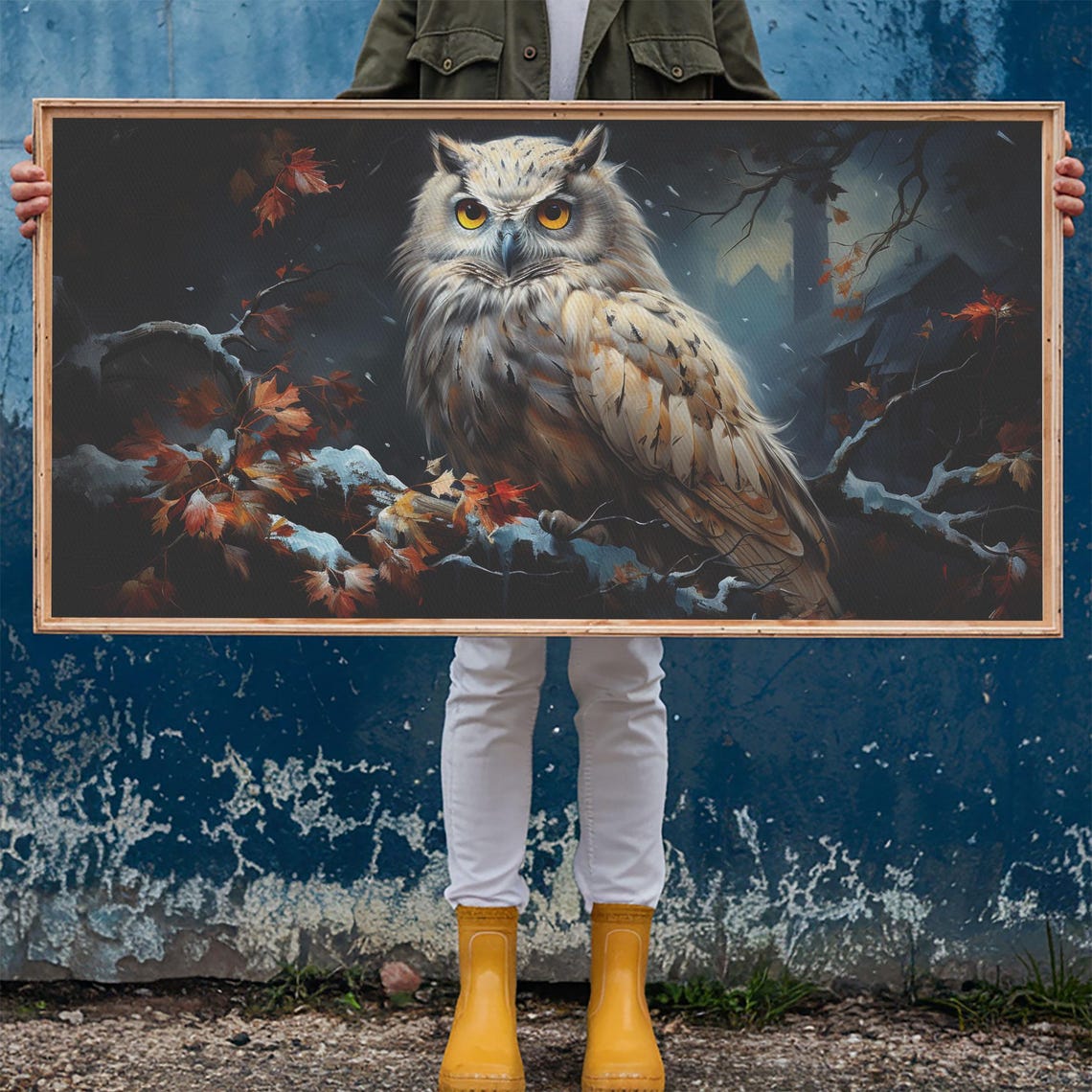 Snowy Winter Owl Portrait Autumn Leaves Falling Snow Wildlife Poster - Image 6