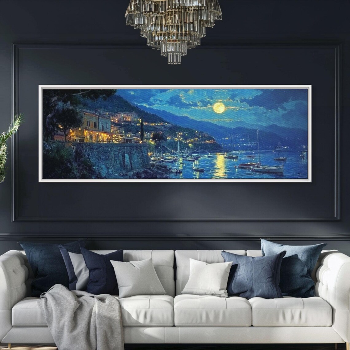 Greek Fishing Village Under Full Moon Midnight Harbor Seascape Poster