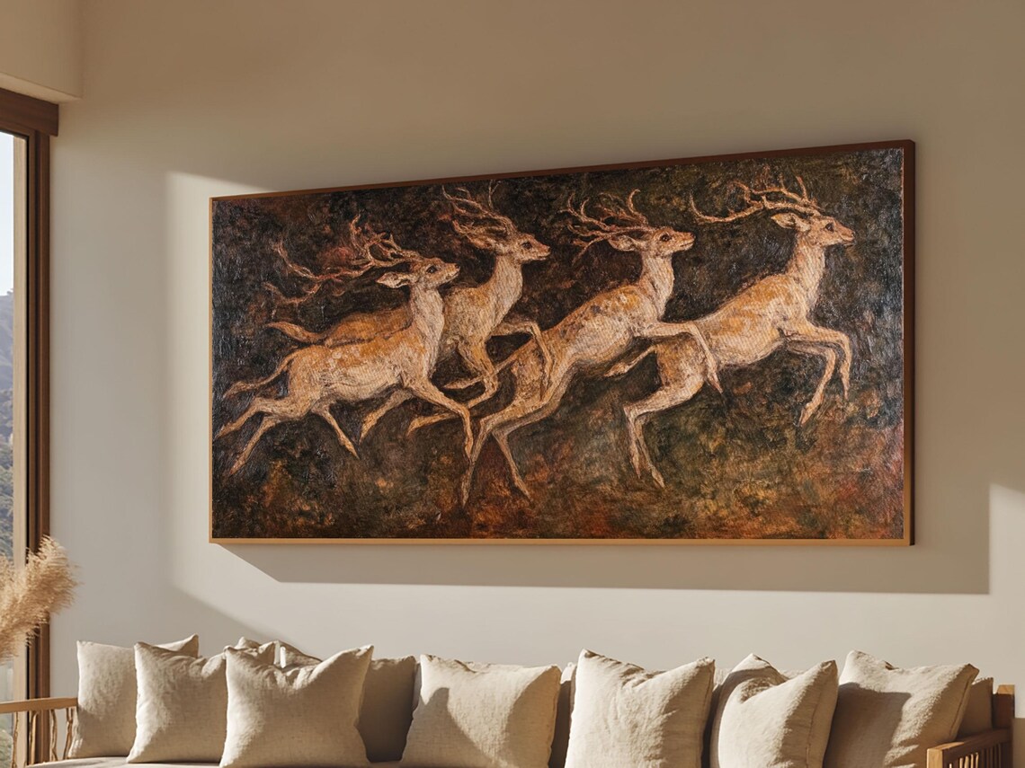 Leaping Stags Forest Herd 19th Century Folk Art Oil Painting Wall Poster - Image 4