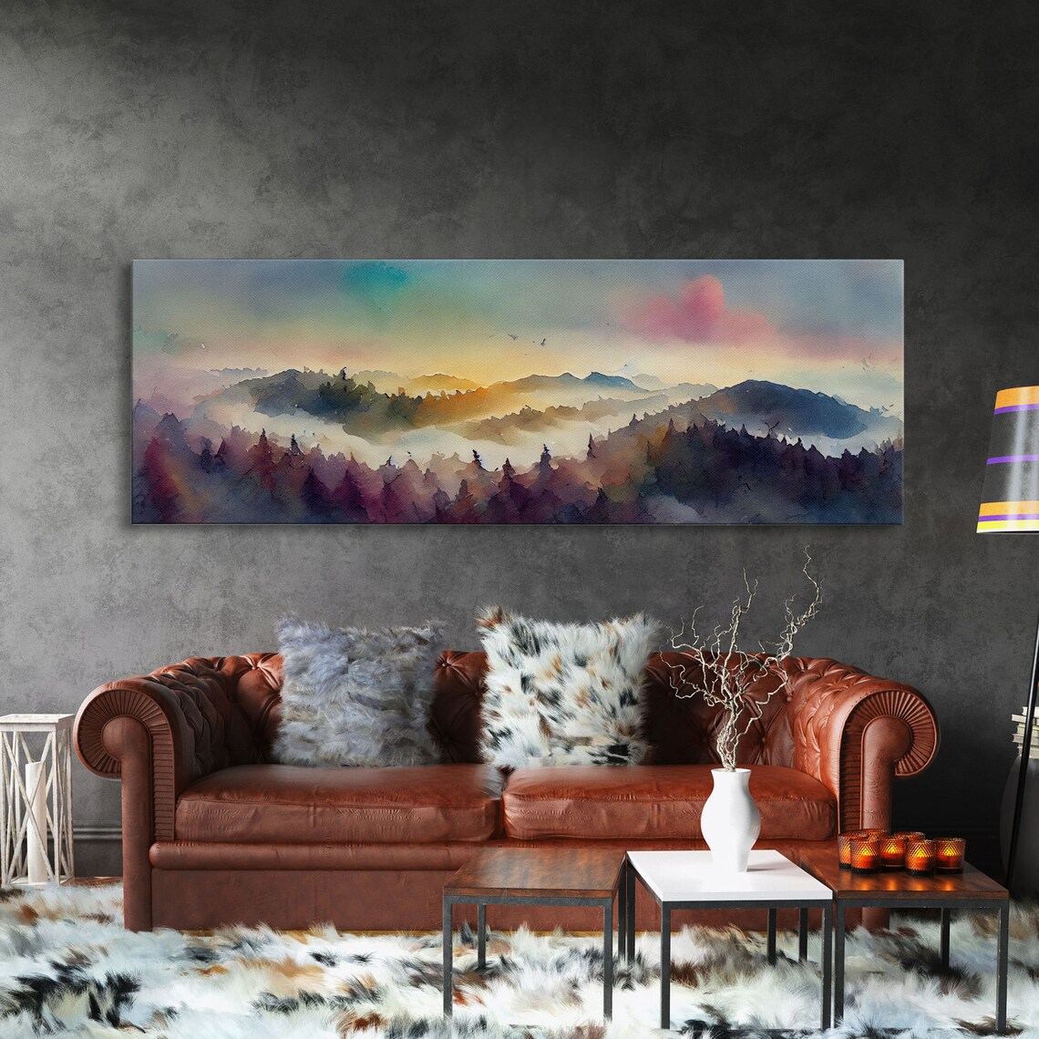 Watercolor Sunset Landscape Art Print, Emerald Green - Image 3