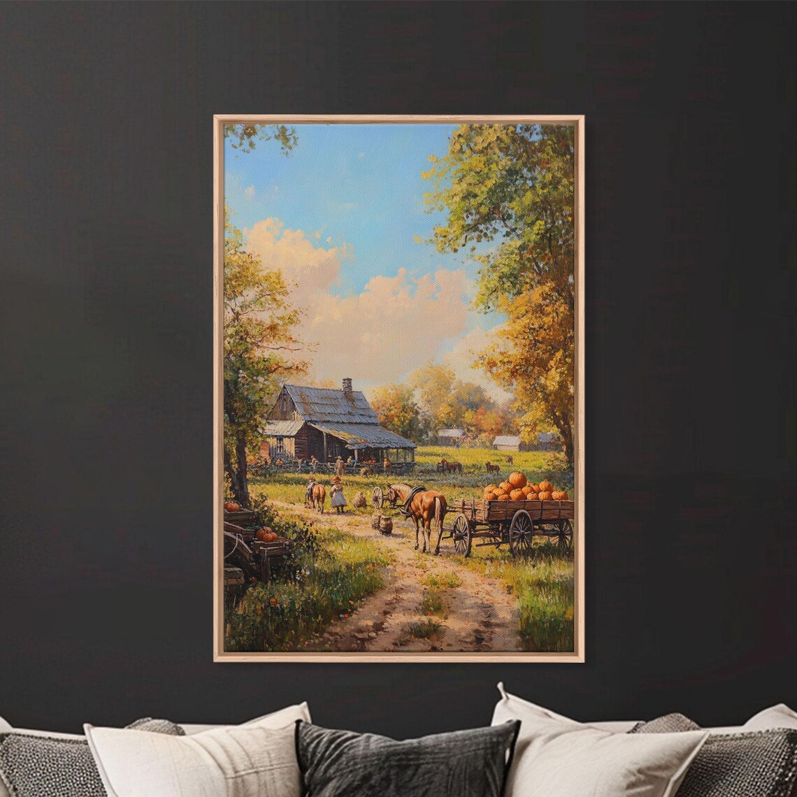 Autumn Farm Harvest Scene With Horse Wagon Pumpkins And Rustic Barn Poster - Image 4