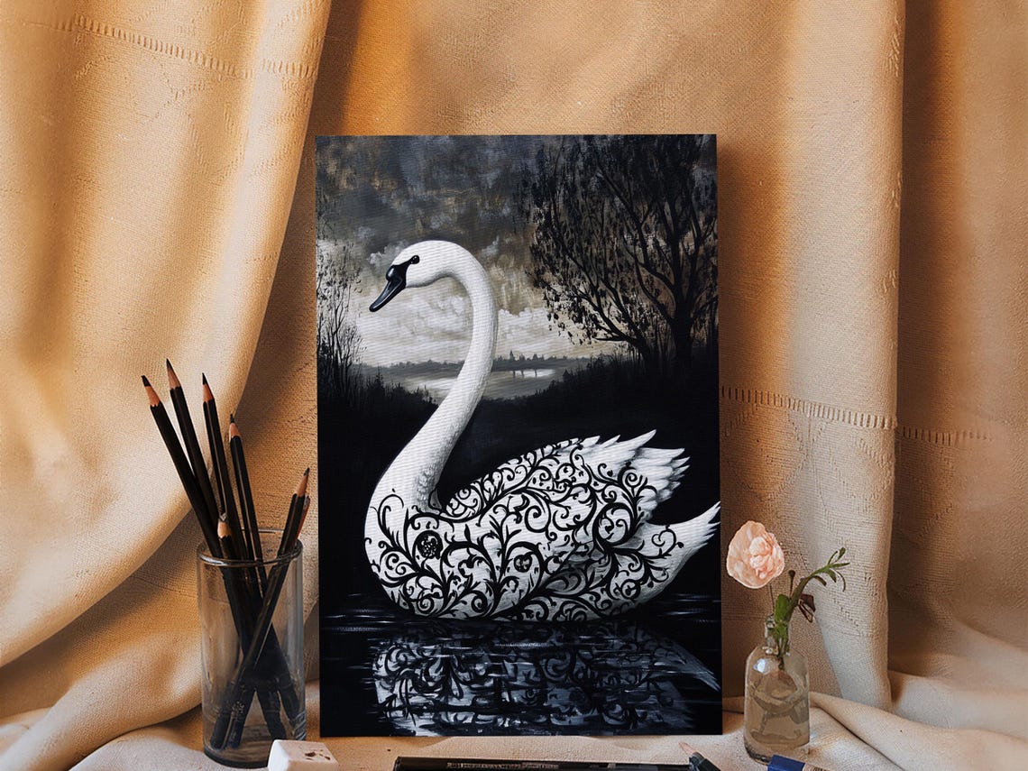 Elegant Gothic Black And White Swan Filigree Moody Lake Art Print - Image 5