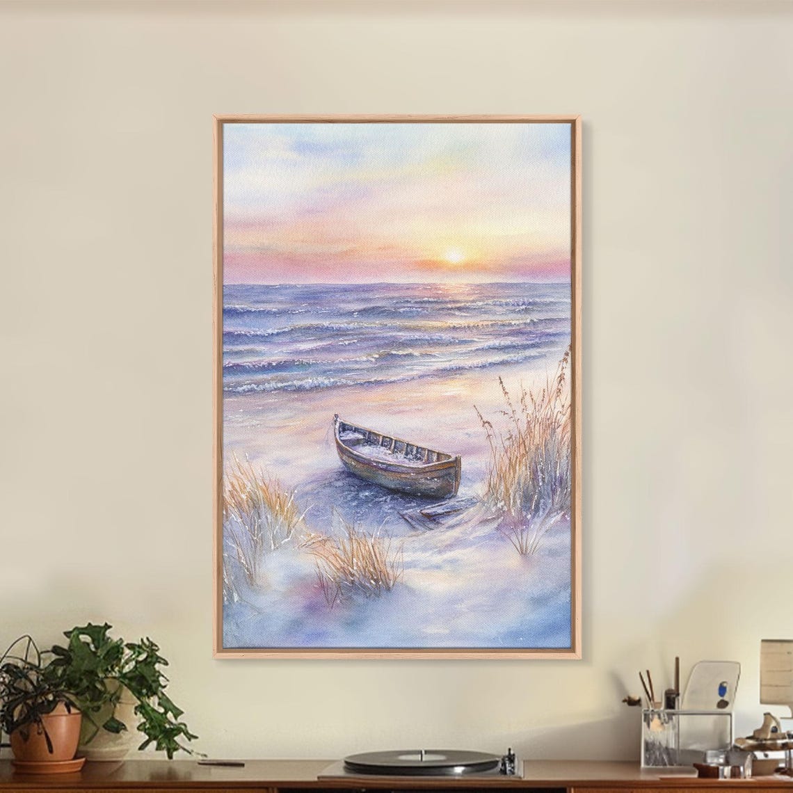 Abandoned Rowboat On Beach At Sunset Pastel Waves Coastal Poster - Image 2