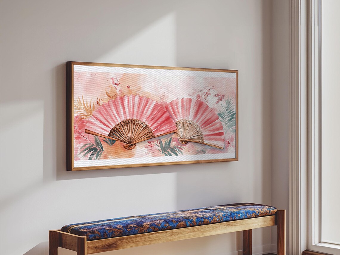 Coral Pink Hand Fans Wide Horizontal Watercolor Botanical Poster - Image 3