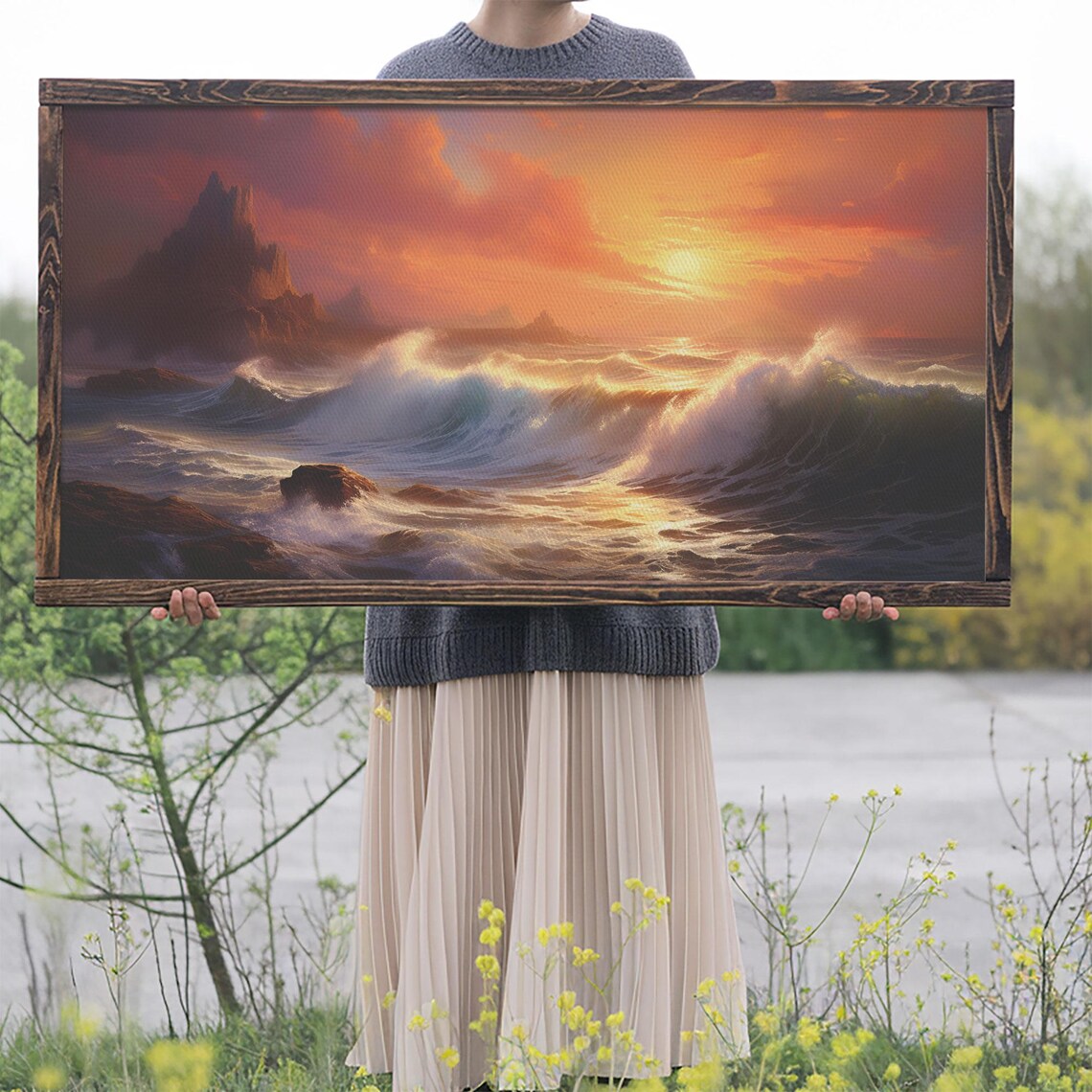 Dramatic Ocean Sunset Cliffs Crashing Waves Seascape Painting Wall Poster - Image 2