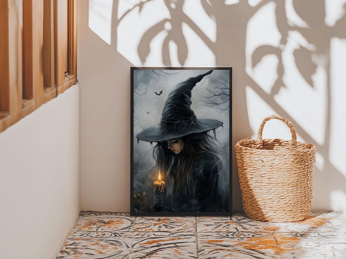 Gothic Witch Holding Candle Dark Academia Halloween Art Print - Image 2
