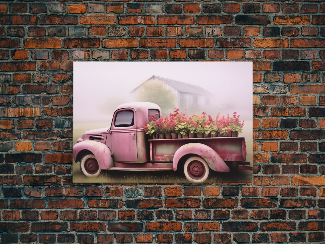 Pink Vintage Pickup Truck With Flowers Misty Barn Farmhouse Art Print
