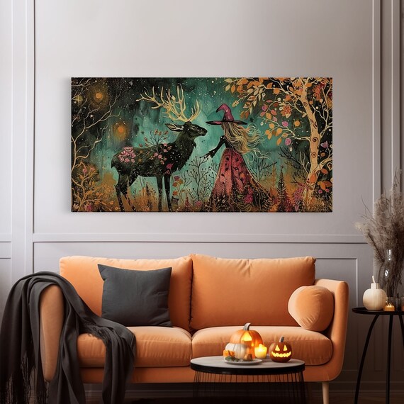 Victorian Witch With Deer Familiar In Starry Autumn Forest Art Print