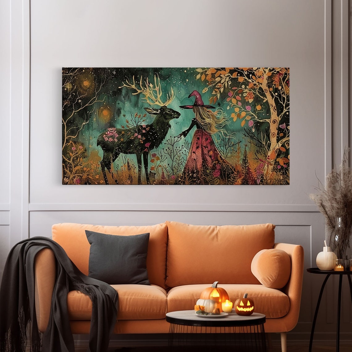 Victorian Witch With Deer Familiar In Starry Autumn Forest Art Print