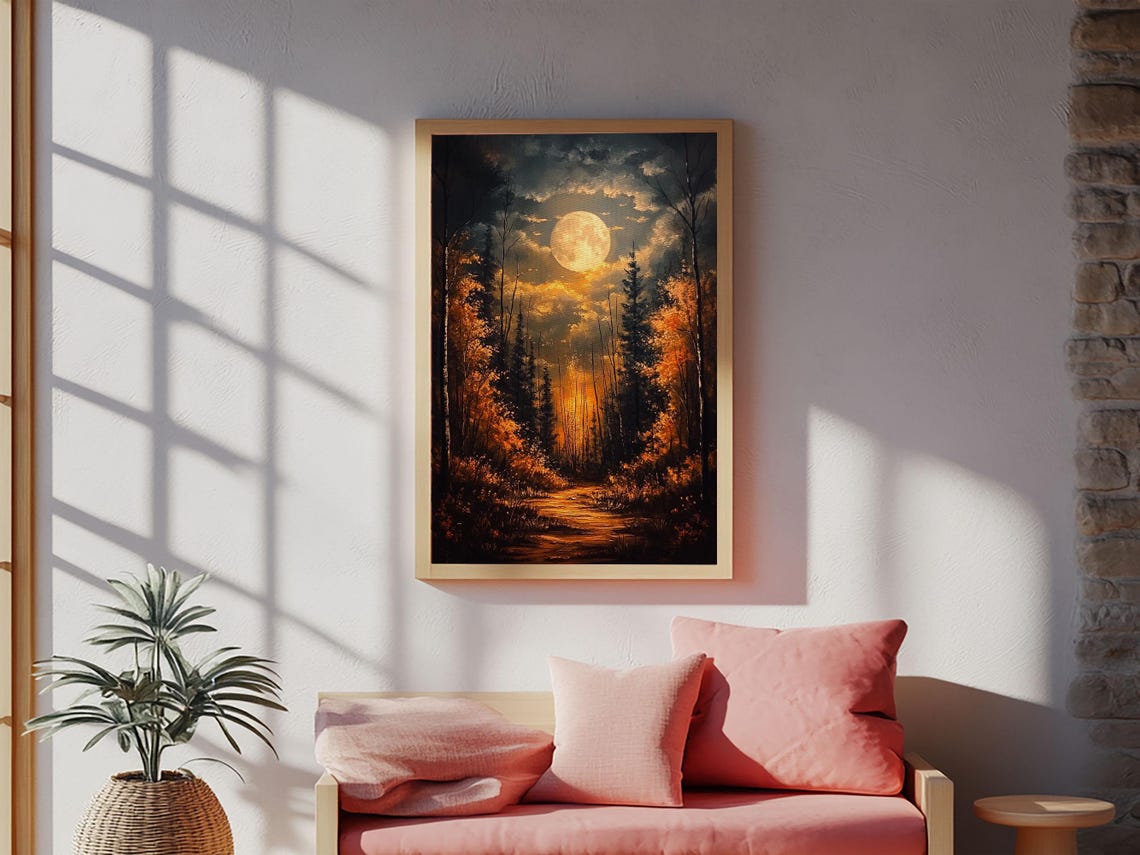 Full Moon Over Spooky Autumn Forest Golden Night Path Art Print - Image 2