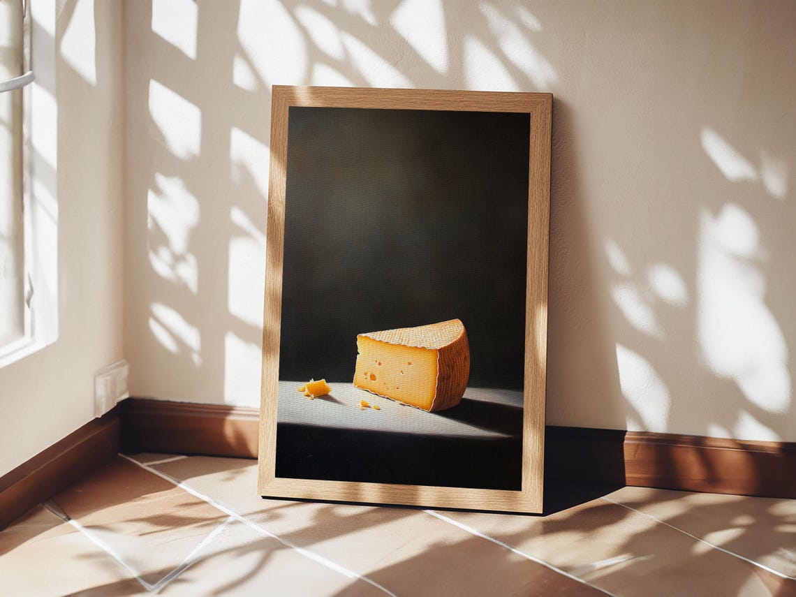 Golden Cheese Wedge Minimalist Still Life Dark Moody Kitchen Wall Art - Image 6